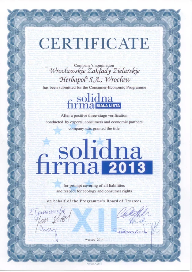 Certyfikat Solidna Firma 2013 dla Herbapol Wrocław